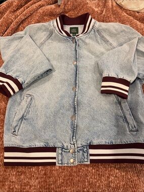 Wild Fable Denim Bomber Jacket with Maroon Trim